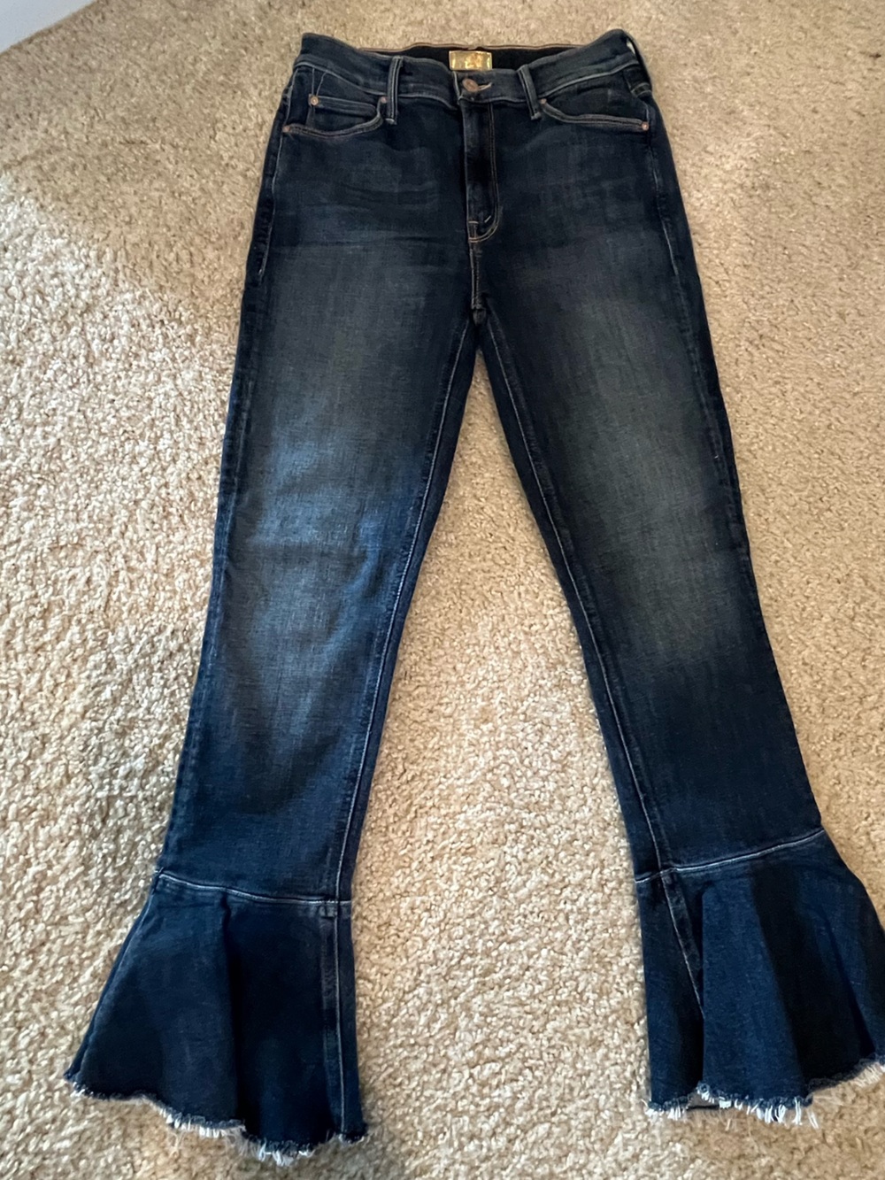 MOTHER Dark Blue Flare Jeans with Ruffle Hem NWOT